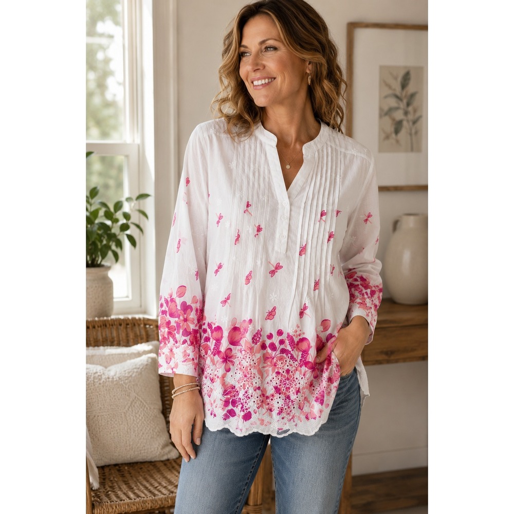 American Sweetheart Womens M White Pink Floral Cotton Eyelet Boho Blouse